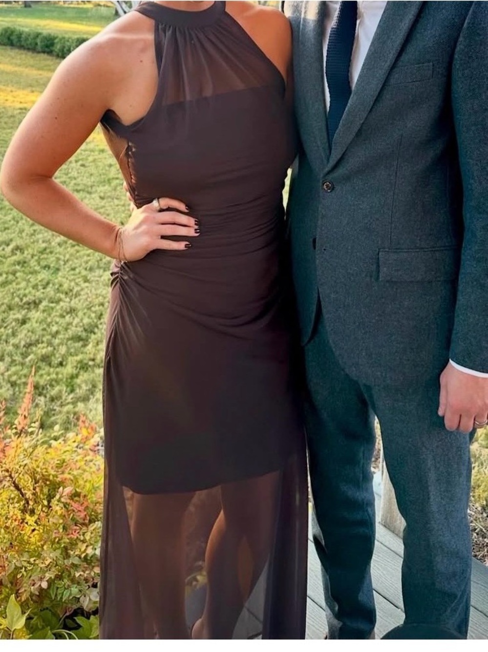 Women’s Sheer-Hem Halter Evening Dress in Brown